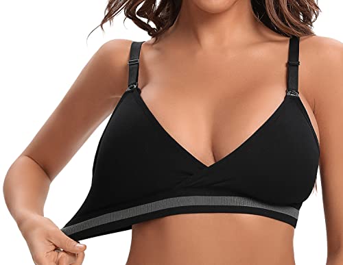 Suekaphin 5Pack Nursing Bra Deep V Neck for Breastfeeding,Seamless Maternity Bralette Wirefree Padded Cup Nursing Bra,Large,Black/Beige/White/LightBlue/Gray - Image 6