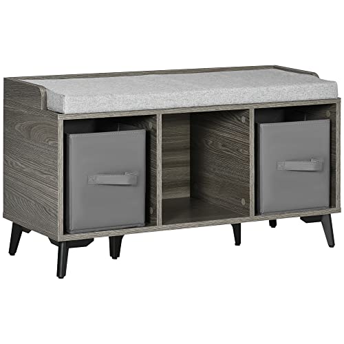 HOMCOM Banc à Chaussures Banquette Coussin rembourrée Bout de lit, pour entrée, Salon, Chambre avec 2 tiroirs en Tissu 3 Compartiments- 90 x 34 x 48 cm - Gris