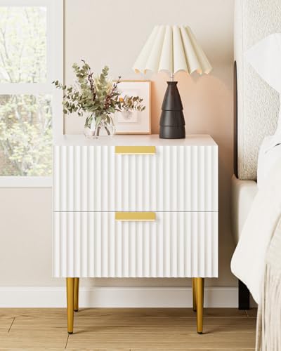 Apetaccat Nachttisch Weiß, Holz Nachtschrank, Nachtkommode mit 2 Schublade und Goldene Beine, 50x40x60cm, Nachtkästchen Möbel für Schlafzimmer,...