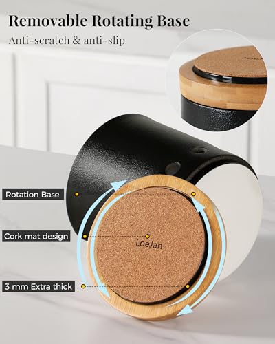 Image of LoeJan 360 Rotating Ceramic Utensil Holder for Kitchen Countertop - Cooking Utensil Crock Organizer with Non-Slip Cork Base for Farmhouse Kitchen Decor, Textured Black