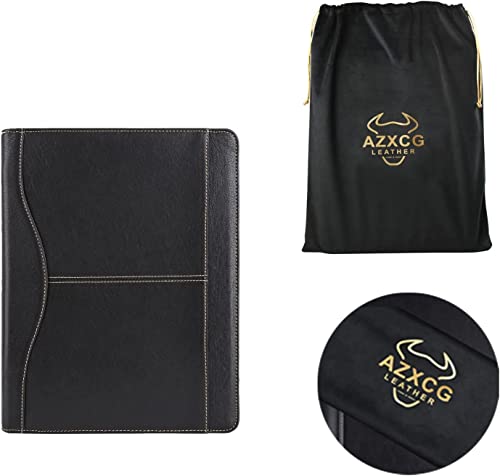 Azxcg Genuine Leather Padfolio For Men, Professional Zippered Portfolio With Clipboard Notepad, Leather Organizer For Husband/Boyfriend, Business Portfolio For Surface Pro 3/4/5/6, Black #TOP1