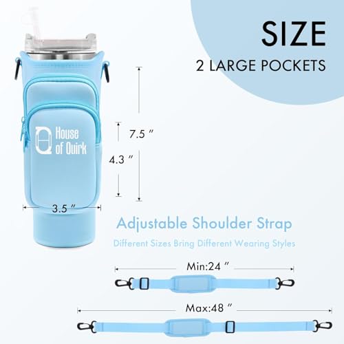 Image of House of Quirk Water Bottle Carrier Bag with Phone Pocket for Stanley 40 /30 oz Tumbler Neoprene Water Bottle Holder Pouch with Adjustable Strap (Blue)