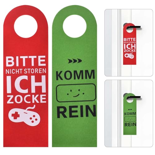 2 Stück Schild Bitte Nicht Stören Komm Rein, Türhänger Aus Filz, Ich Zocke, Geschenkidee Deko für Teenager Jungen Mädchen (Grün Rot)