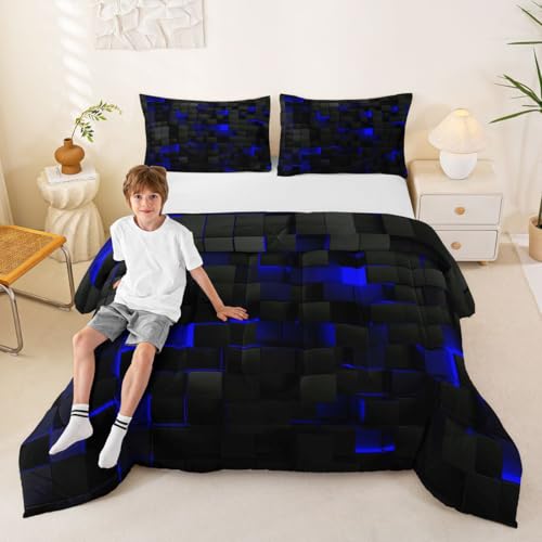 Image of Erosebridal Black Navy Royal Blue Comforter Set Full Neon Geometric Checkered Bedding Set for Teen Boys Gamer Room Decor,Abstract Stereoscopic Grids Quilt Square Plaid Check Bed Set 3 Pcs