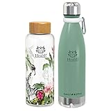 ✅ KIT DE ACCESORIOS. Nuestras botellas están acompañadas de un conjunto de accesorios adaptados a su diseño y función. La botella térmica incluye una funda de neopreno, dos tapones intercambiables, un cepillo limpiador y dos pajitas de silicona. Por su lado, nuestra botella de cristal incluye una funda protectora de neopreno que la convierte en la compañera perfecta para el día a día.
