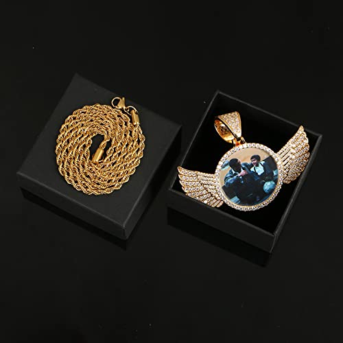 Yimeraire Photo Necklace Personalized For Women Men Angel Wing Round Shaped Stainless Steel 18K Gold Plated Custom Picture Pendant Chain Memorial Hip Hop Necklace Keepsake With Gift Box #TOP3