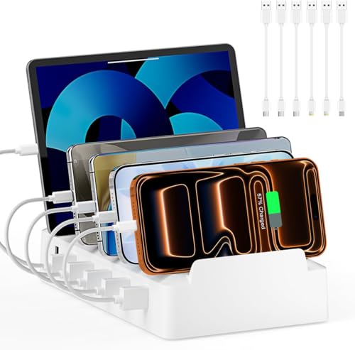 Charging Station for Multiple Devices, 6 Port USB Charger with Holder Stand and Cables for iPad, Apple, Android, Tablet, Office Desk Charging Dock Storage Organizer (White)