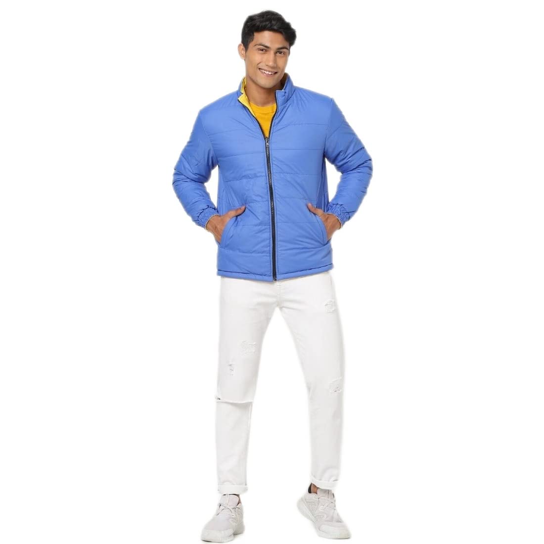 Bewakoof Men's Solid Regular Fit Full Sleeve Round Neck Poly Blend Reversible Puffer Jacket in neutral