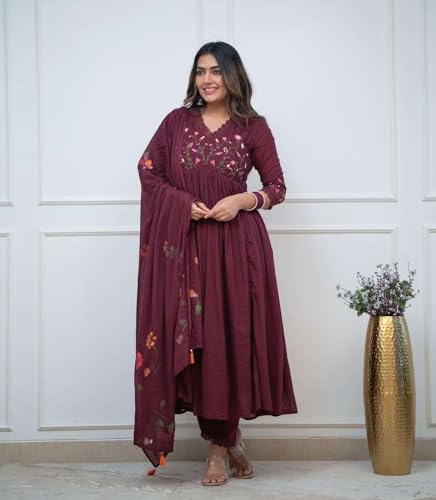 Image of Women's Cotton Embroidered Long Anarkali Kurti With Pant and Dupatta Set