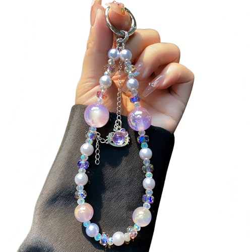 LY&SASIF Phone Charm with Crystal/Handpainted Bead, Kawaii Hands-Free Wrist Strap for Women Girl, Water brick cartoon cat head mobile phone chain, Luxury Bling Diamond Glitter Beaded, Phone Lanyard