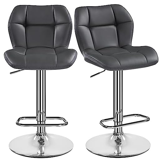 Yaheetech Barhocker 2er Set Höhenverstellbar 360°Drehbar Barstühle Küchenstühle mit Rückenlehne und Fußstütze, Barstuhl PU-Kunstleder Sitzhöhe 62,5 cm - 84,5 cm für die Küche, Grau