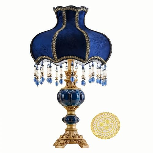 Image of LOVAPO Victorian Table Lamp with LED Bulb, Blue Embroidered Fabric Shade and Resin Base, Vintage Bedside Light for Bedroom or Living Room, 21.6 Inch