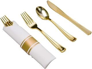 M Honor 10 Place Pre Rolled Gold Plastic Silverware for Weddings, Parties, Dinners. 30 Piece Set, Service for 10. Wrapped, Reusable Silverware Sets. Forks, Knives and Spoons Rolled in A Napkin.