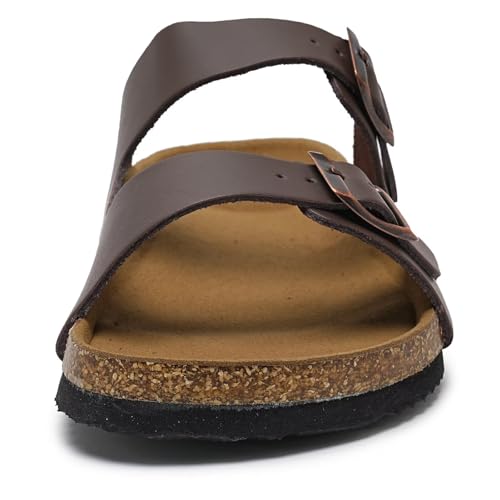 Torotto Genuine Leather Mens Slides with Cork Footbed Open Toe Adjustable Webbing Flat Sandals for Walking | Beach | Indoor(Leather/Red brown-45)2