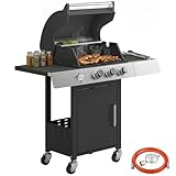 Outsunny Barbacoa de Gas BBQ Gas con 3 Quemadores 8,1 kW Barbacoa Portátil con Termómetro Mesas Laterales Armario Rejilla Calentadora Parrillas de Hierro Fundido Recogedor Grasa y 4 Ruedas Negro