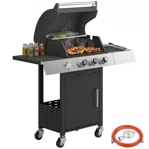 Outsunny Barbacoa de Gas BBQ Gas con 3 Quemadores 8,1 kW Barbacoa Portátil con Termómetro Mesas Laterales Armario Rejilla Calentadora Parrillas de Hierro Fundido Recogedor Grasa y 4 Ruedas Negro