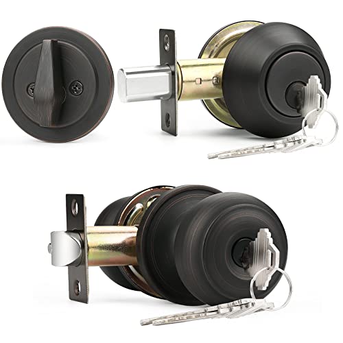 Probrico Keyed Alike Round Ball Entry Door Knob And Single Cylinder Deadbolt Set, Oil-Rubbed Bronze, 1Pack #TOP19
