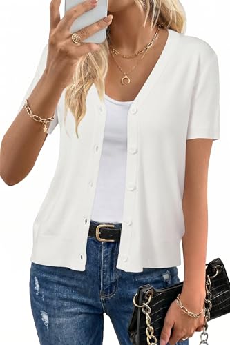 Image of Arach&Cloz Women's Wool Blend Short Sleeve Lightweight Cardigan Business Casual Summer Sweaters Tops