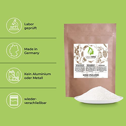 GreatVita MSM Pulver 1000g - 99,9% Methylsulfonylmethan, feiner & organischer Schwefelpulver - MSM powder zum Mischen in Wasser, Saft & Smoothies - 1kg Vorrat, ohne Zusätze, glutenfrei & non-GMO