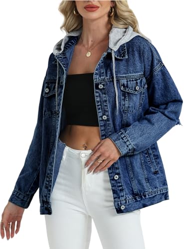 Women's Oversized Mid Long Denim Jacket Jean Biker Coat With Detachable Hoodies