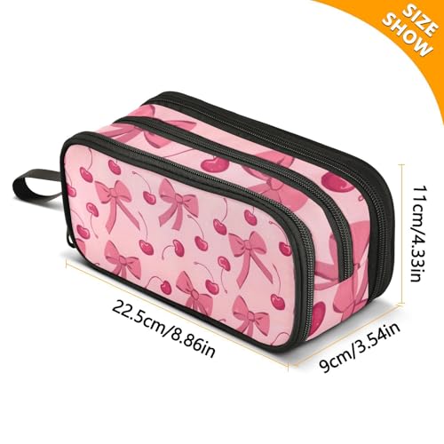 Image of ALAZA Bow Cherry Pink Pencil Case for Boys Girls Kids Pencil Pouch 3 Compartment Pen Bag Large Capacity Storage Pencil Holder School Students with Zipper
