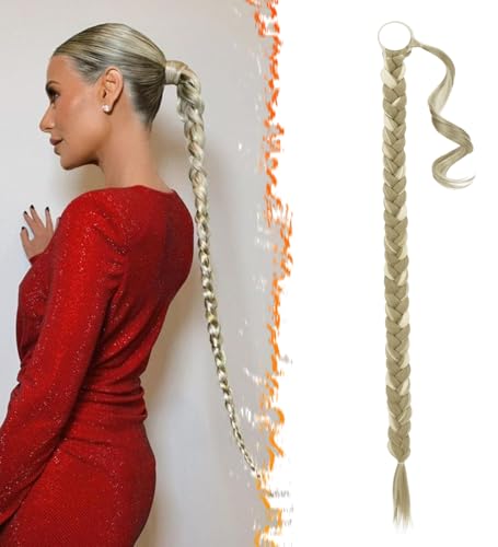 BARSDAR 34 Inch Long Braided Ponytail Extension with Hair Tie - Straight Sleek Wrap Around Blonde Braided Ponytail Hair Extensions - Synthetic Pony Tails Hairpieces for Women - Light Ash Blonde Mixed