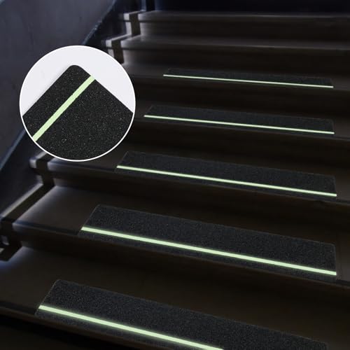 Image of Outdoor Non Slip Tape 6'' x 32'' (12-Pack) High Traction Adhesive Treads with Free Roller - Heavy Duty 80 grit Non Slip Tape -Anti Skid Strips Black with Glow in The Dark Stripe - Grip Tape for Steps