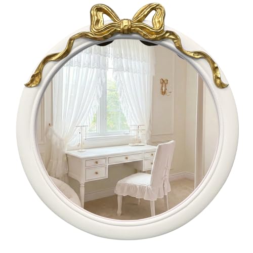 Image of 28x28 inch Gold and White Bow Mirrors for Wall, Round /Circle God Decorative Wall Mounted Mirror, Irregular Mirrors Suitable for Bedroom, Hallway, Living Room Decoration, Nursery, Girls Room