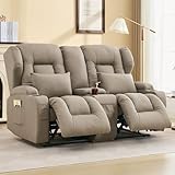 IPKIG 65.3" RV Loveseat Recliner | Double Recliner RV Sofa with Console |Faux Leather Reclining RV | RV Theater Seats |RV Theater Seating | RV Furniture, Manual Recliner Chair (Khaki)
