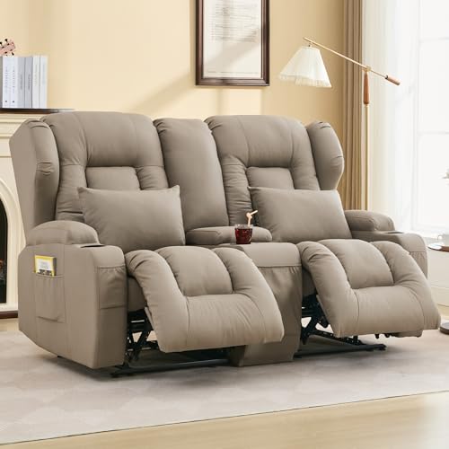 IPKIG 65.3" RV Loveseat Recliner | Double Recliner RV Sofa with Console |Faux Leather Reclining RV | RV Theater Seats |RV Theater Seating | RV Furniture, Manual Recliner Chair (Khaki)