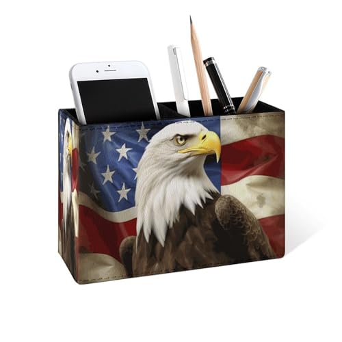 Famame America Flag with Eagle Pencil Holder for Desk, Leather Desktop Container Pen Cup Storage Study Table Pen Organizer Makeup Brush Holder for Classroom Office Home