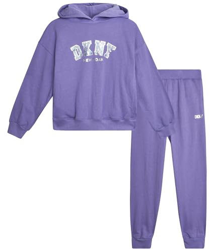 Image of DKNY Girls Sweatpants Set - 2 Piece Active Fleece Girls Sweatshirt and Jogger Youth Kids Sweatpants Matching Set (4-16)