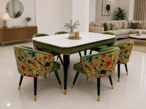 Image of WOODEN SPACE 6-Seater Wooden Dining Table Set | Nano Composite Marble Top | Solid Wood Base | Modern Dining Room Furniture with 6 Chairs (Light Green Printed)