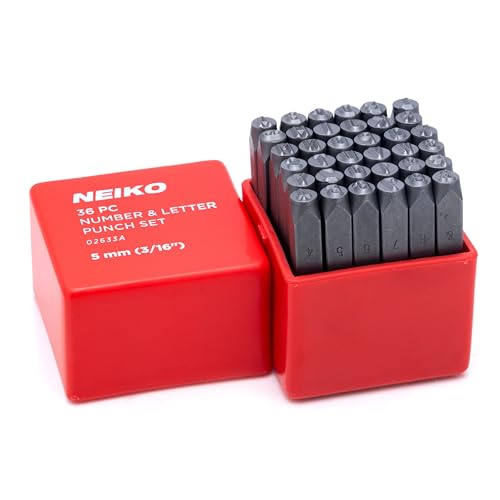 Image of NEIKO 02633A Number and Letter Punch Set with Heat-Treated Steel Punches, Imprinting & Arts and Crafts, 3 /16 inch (5 MM) Shaft, 36 Pc Stamp Set, Uppercase Letter & Number Punch Set (A-Z / 0-8 / inch& inch)