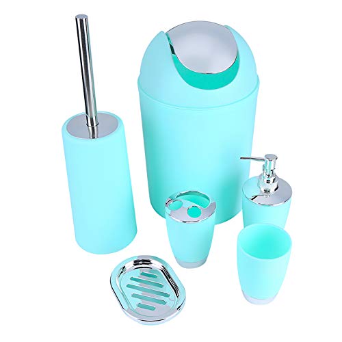 Greensen Plastic Bathroom Accessories 6Pcs with Trash Can Set with Toothbrush Cup, Toothbrush Holder, Dish,Dispenser, Rubbish, Bin Toilet Brush with Holder