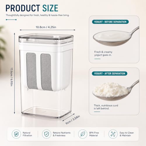 Image of Greek Yogurt Maker & Hung Curd Strainer | Paneer Maker | Curd Separator | 1100ml BPA-Free Container with Fine Mesh Strainer -Leakproof | Easy to Clean Whey Separator Kitchen Tool (Pack of 1)
