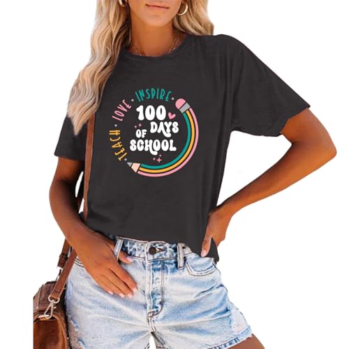 Image of 100th Day of School Shirt for Women Teacher Graphic T-Shirt Funny Teach Short Sleeve Tee Tops