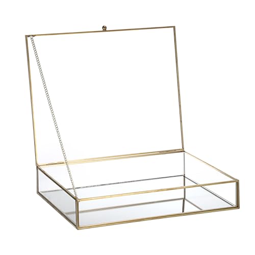 SUMTree Boîte à bijoux vintage dorée en laiton - Vitrine en verre - Avec couvercle - Organisateur pour bijoux, cosmétiques, cartes postales - Boîte cadeau...