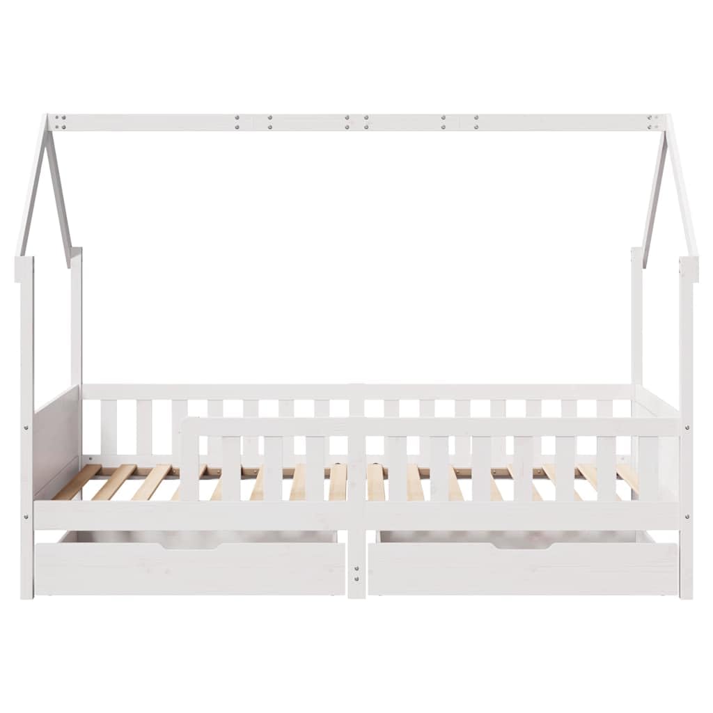 Kinderbett 80x200 cm, Massivholz Kiefer, Weiß, Hausbett mit 2 Schubladen, Betten für Kinder, Jugendbett, Bettgestell mit Stauraum, Plattformbett