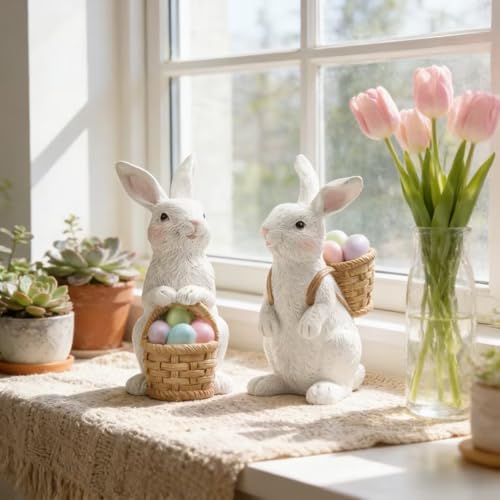 Easter-Basket Bunny-Decor-Figurines Home-Decorations - 2PC Easter Decorations Table Ornaments Resin Spring Bunny Carry Egg Basket Tabletop Decorations for Home Farmhouse 5.25H inch Newman House Studio by Newman House Studio - Image 7