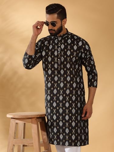Image of KRAFT INDIA Men's Cotton Blend Geometric Printed Straight Long Regular Kurta and Elastic Waistband Pyjama Set