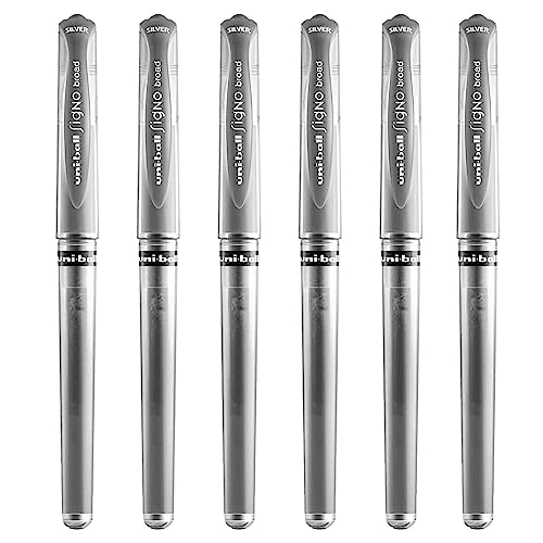 Uni-Ball UM-153 Signo Lot de 6 Stylos bille argentés à encre métallique gel large Pointe 1 mm Largeur de trait : 0,65 mm avec prise en caoutchouc