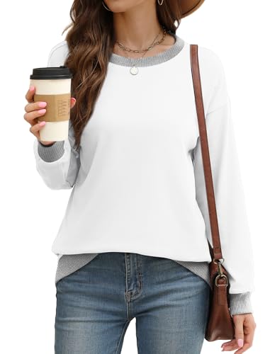 Image of Saloogoe Sweatshirts for Women Crewneck Long Sleeve Loose Fit Tops Color Block Ribbed Trim Fashion 2025