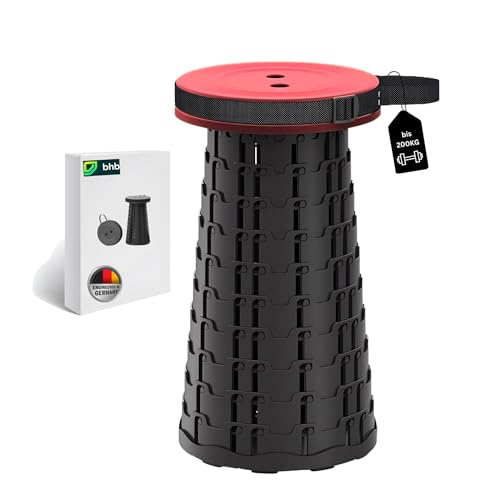 Tragbarer Teleskophocker Höhenverstellbar 6 5-45 cm Klapphocker Einziehbar bis 200 kg Campinghocker Falthocker für Camping Garten Angeln Wandern Reisen Grillen (Rot)