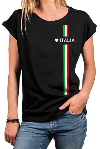 Image of MAKAYA Women's Italian T-Shirts Statement Top Love Italia Flag Graphic Tee Crew Neck Short Sleeve Girls Ladies Black S