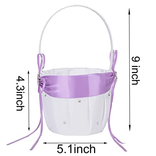 Arksu 2Pcs Set Ring Pillow And Flower Girl Basket With Double Heart Rhinestone For Wedding Decor-Lavender #TOP2