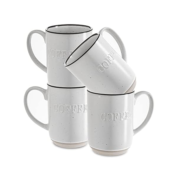 Sheffield Home Set of Stoneware Coffee Mugs- 4 Printed Coffee Cups, Tea Cups, Latte Mugs 16 oz (White)