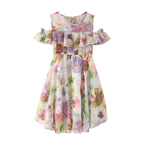BILIKEYU Girls Floral Chiffon Dress Prints Short Sleeve Off Shoulder High Waist Flared A-line Flowy Casual