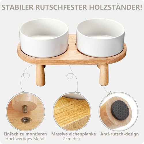 MOPANG Hundenapf Erhöht für Mittelgroße und Kleine Hund, 15 cm Hundenapf Keramik mit Holzständer, 850 ml*2, ElfenbeinWeiß