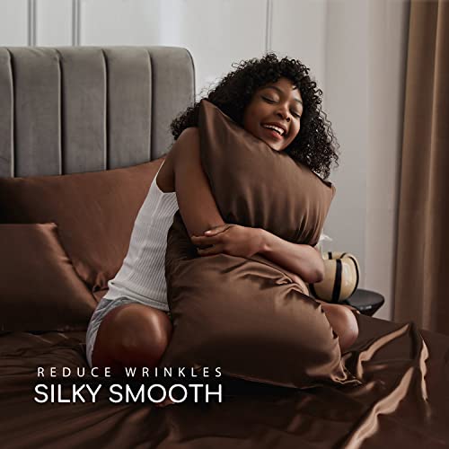 Image of MR&HM Satin Bed Sheets, Queen Size Sheets Set, 6 Pcs Silky Bedding Set with 15 Inches Deep Pocket for Mattress (Queen, Brown)